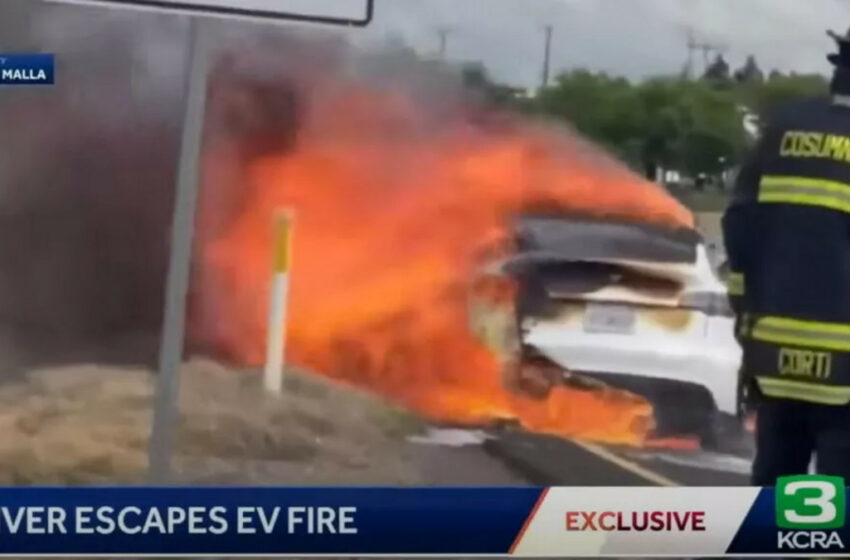  Tesla’s model Y catches fire on a busy road